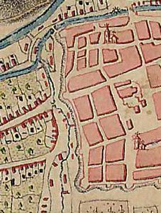 A nyugati városfal előtt csörgedező házsongárdi Cigánypatak az 1763–1785. évi térképen. Középen, a Monostorkapu előtt, a patak hídja.